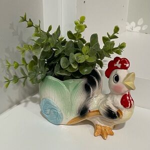 Vintage Ceramic Rooster Planter Trinket Tulip Wheelbarrow Kitschy Chicken Farm